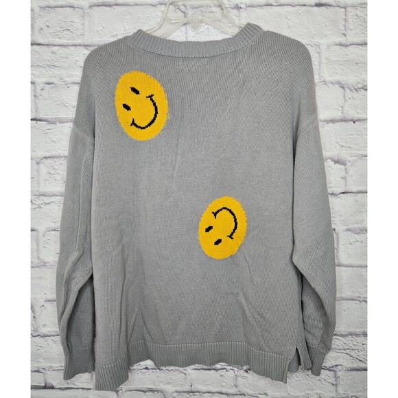 By Together women's smiley face gray yellow pullover crew cotton sweater small - Picture 5 of 7